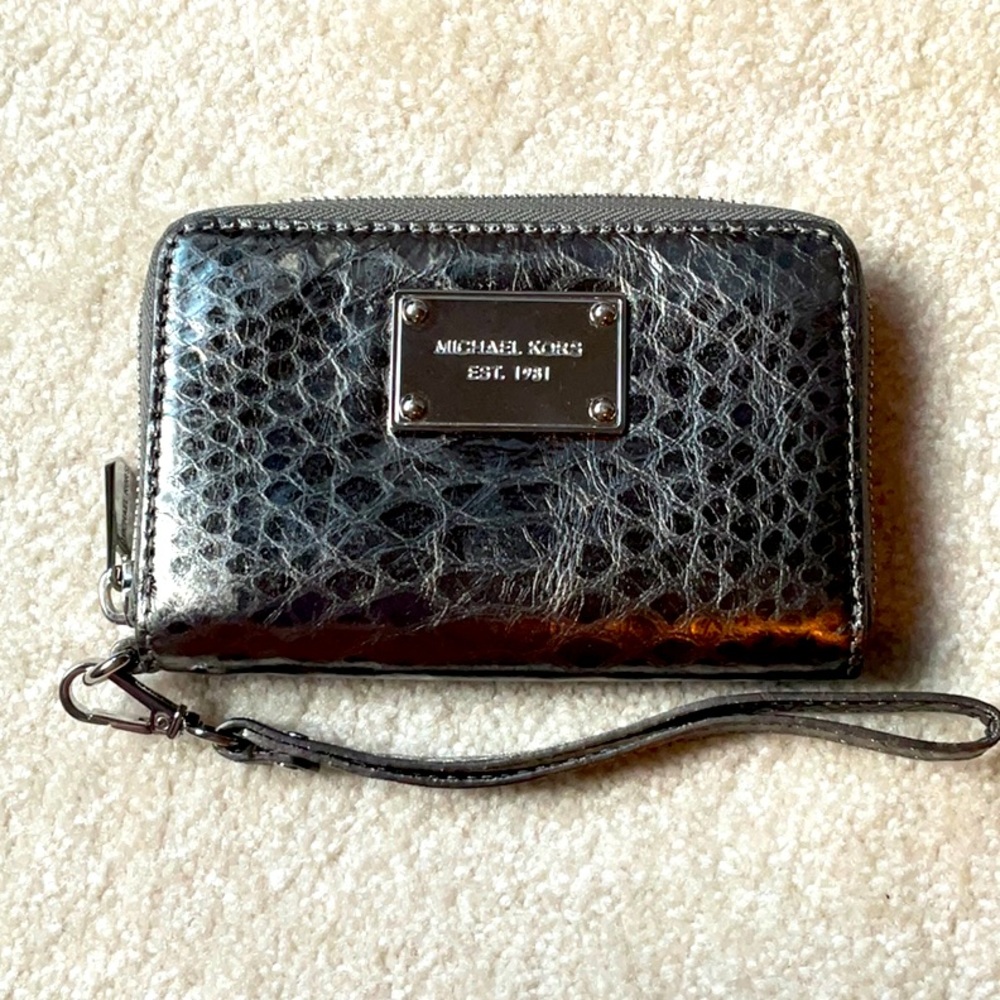 Michael Kors gunmetal embossed wristlet